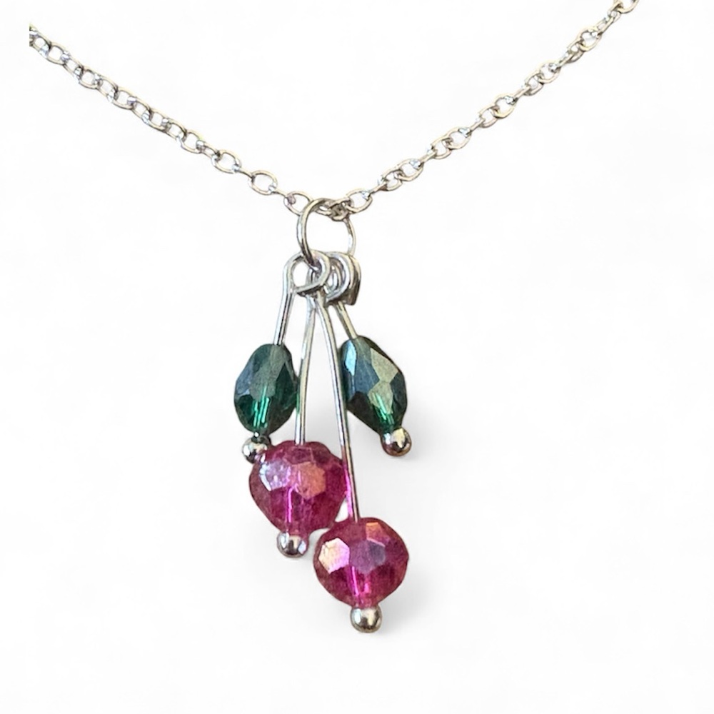 Pink and Green Crystal Beaded Cherry Pendant on a 925 Stamped Chain - Picture 3 of 4